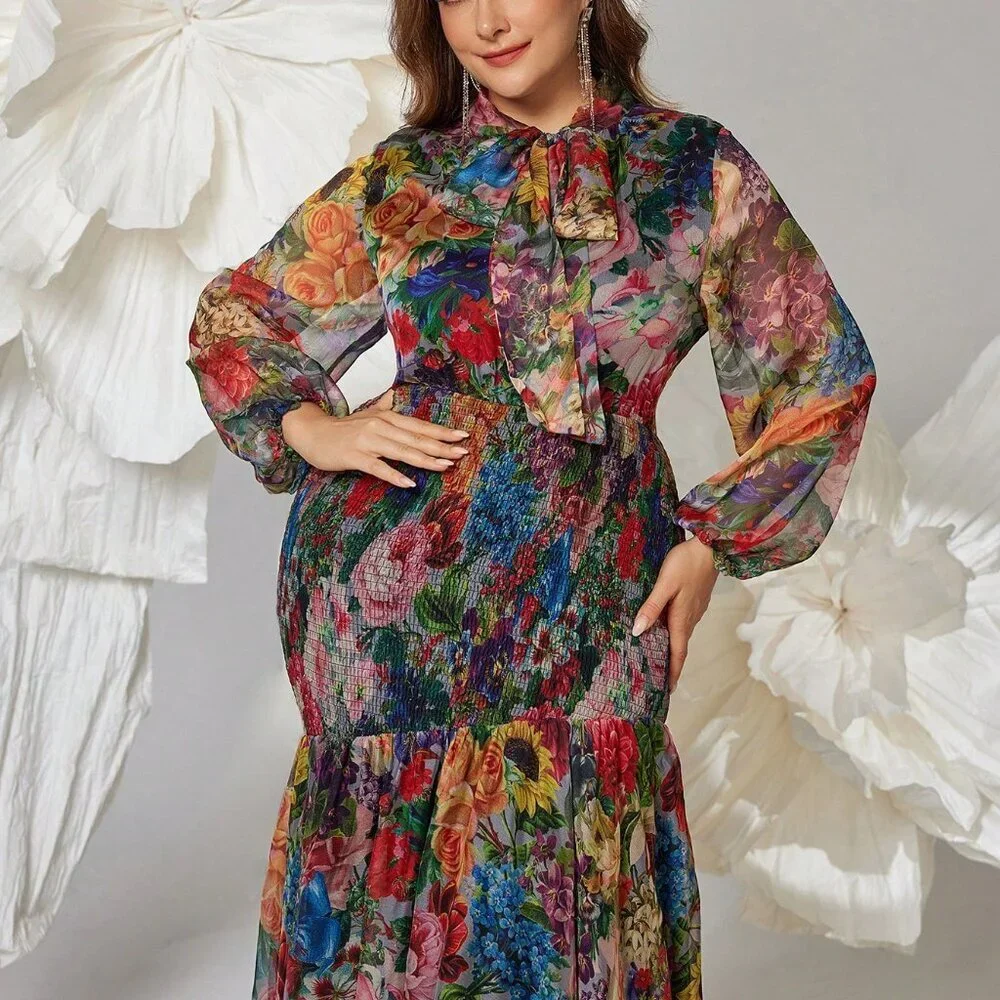 Multicolor Elegant Women's Plus Size Floral V-Neck Lantern Sleeve Maxi Dress - Picture 6 of 6